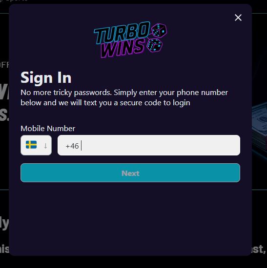 Logga in med mobilnummer på Turbo Wins Casino