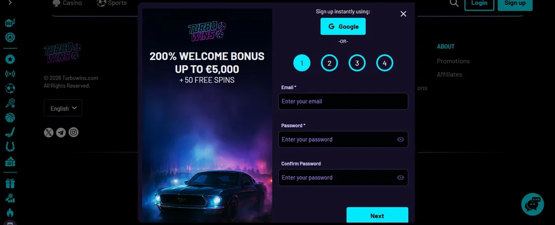 Registrera konto välkomstbonus popup.