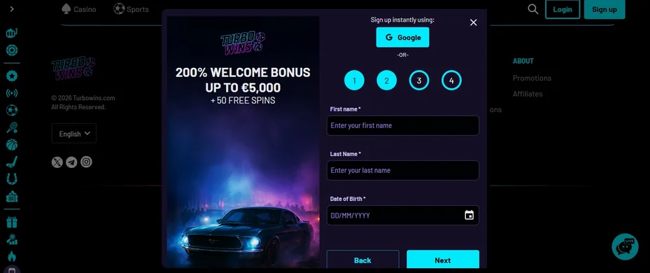 Registrera konto välkomstbonus popup